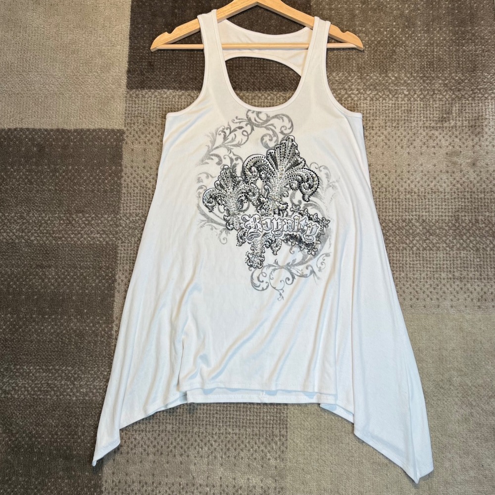 Y2K S-Twelve White Fleur‎ De Lis Rhinestone Tank Top Sharkbite Hem Cutout Back L
